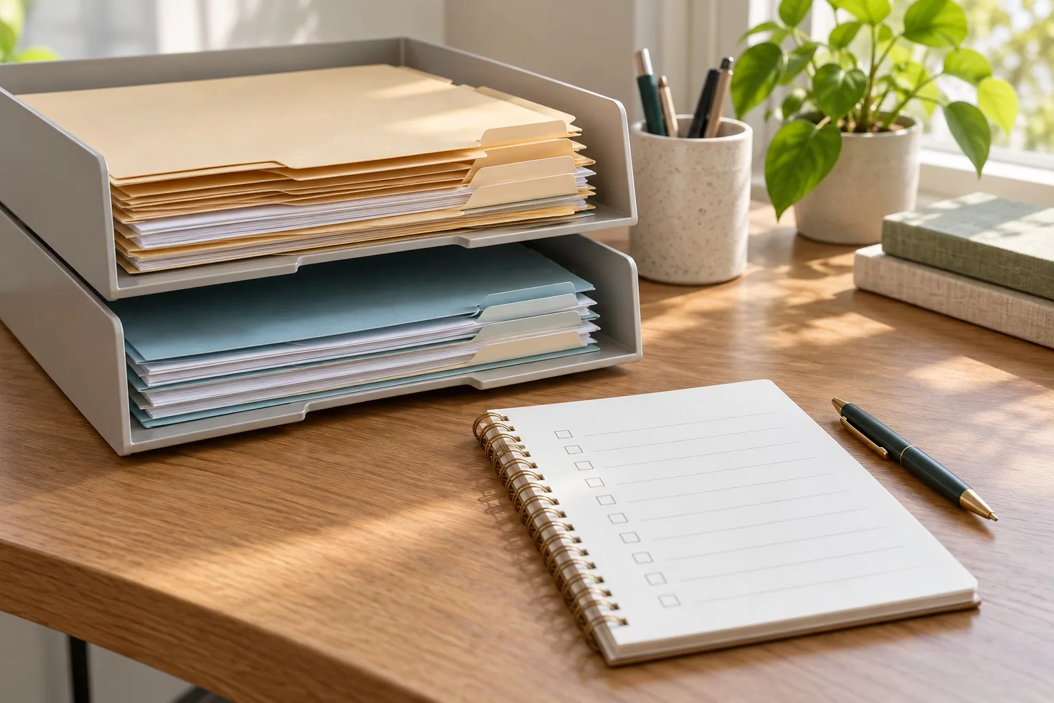 Sortierte Dokumentenmappen in Ablagen neben einer leeren Aufgabenübersicht und einem Stift.